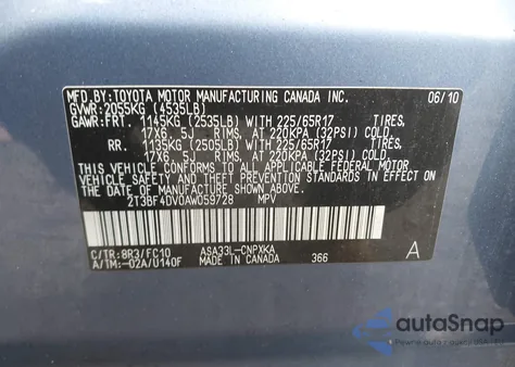 2010 Toyota Rav4 from USA, damaged, VIN 2T3BF4DV0AW059728
